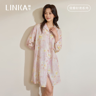 林卡春夏季睡裙女翻领家居服中裙2026新款可外穿睡衣高级感开衫裙