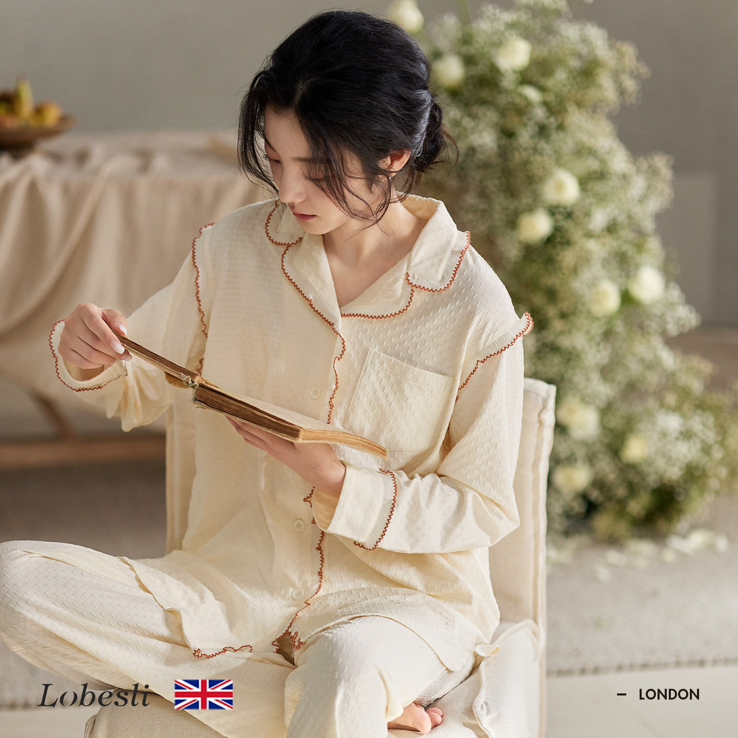 英国lobesli睡衣女款纯棉长袖可外穿春秋薄款花边甜美家居服套装