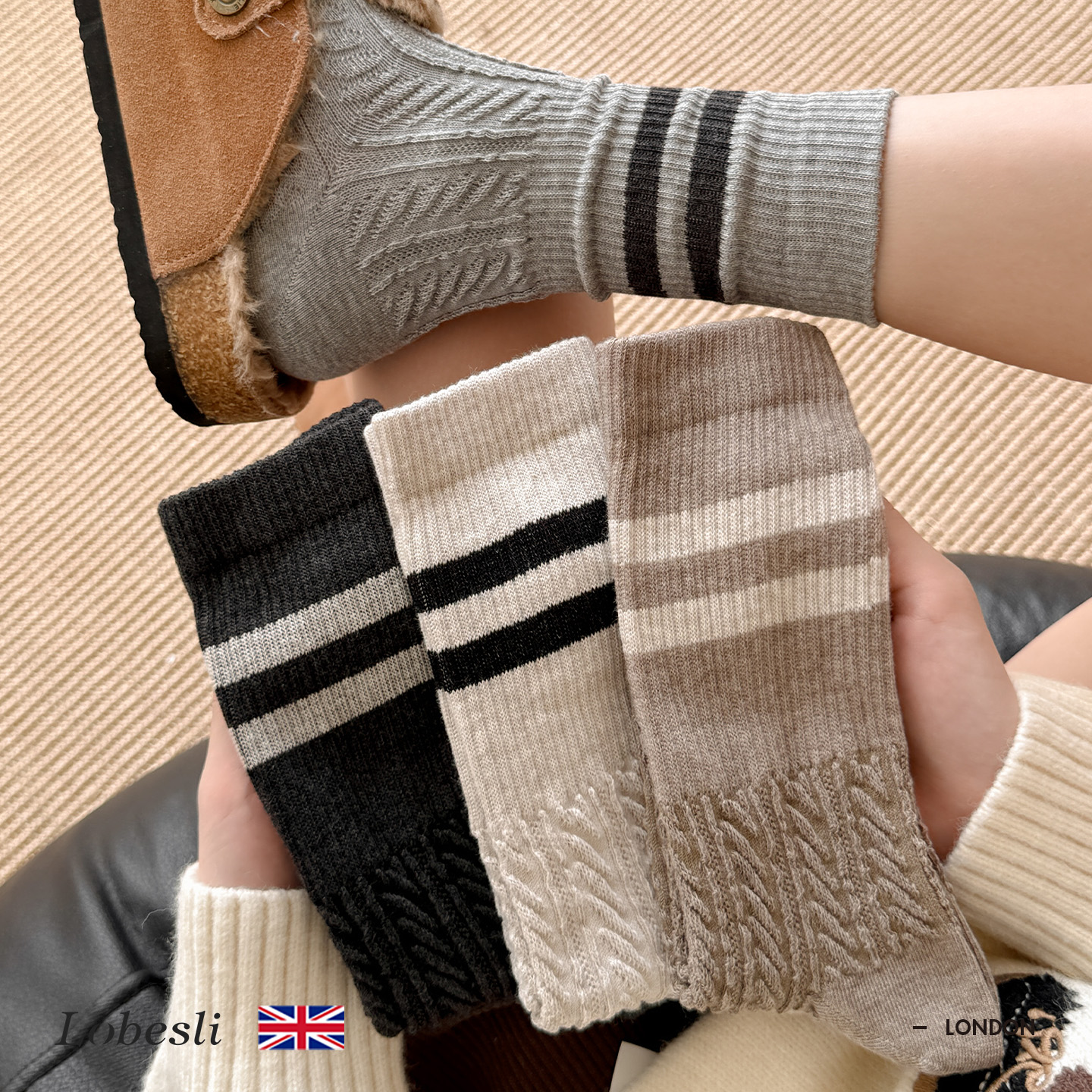 英国lobesli中筒袜女秋冬款棉袜