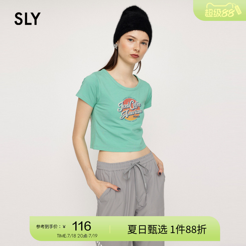 sly美式复古辣妹多巴胺印花T恤