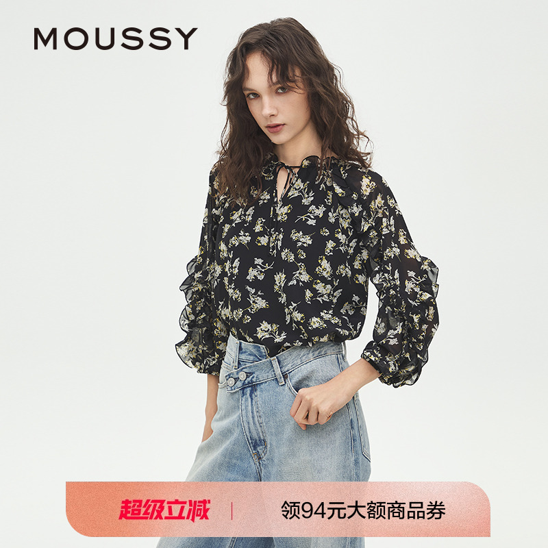 MOUSSY 2025夏季新品法式田园风碎花雪纺长袖衬衫女028