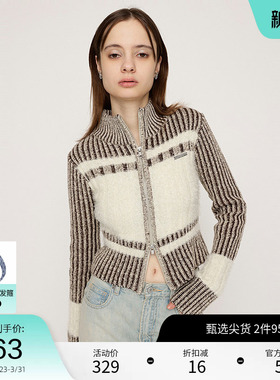 SLY 春季撞色软糯直筒立领拉链针织开衫女030HAR70-4861