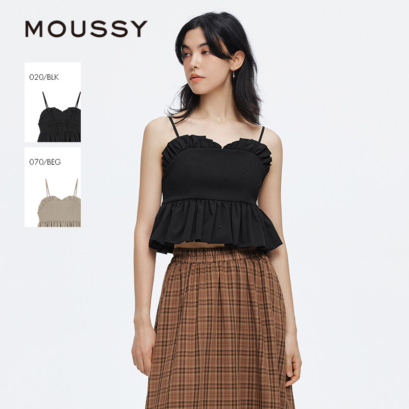 moussy 2025夏季新品甜美荷叶边抽褶花苞蓬蓬吊带衫028