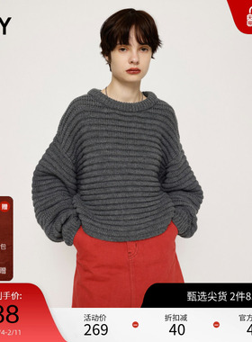 SLY 冬季新品泡泡袖条纹圆领简约风针织毛衣女030FAA70-2030