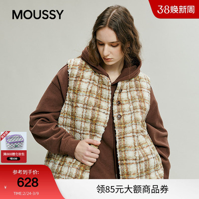 MOUSSY 冬季复古格子仿羊羔绒撞色马甲背心028IAC30-1108