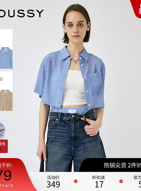 moussy 夏季日系复古格纹短袖宽松短款衬衫010IS430-3821