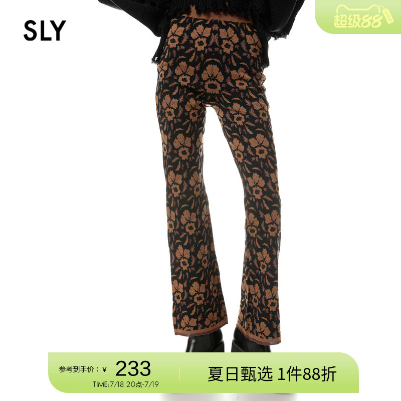 SLY甜美弹力花朵印花微喇休闲裤