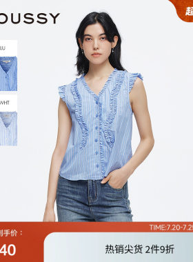 moussy 夏季复古港风抽褶花边无袖条纹衬衫028ISA30-3461