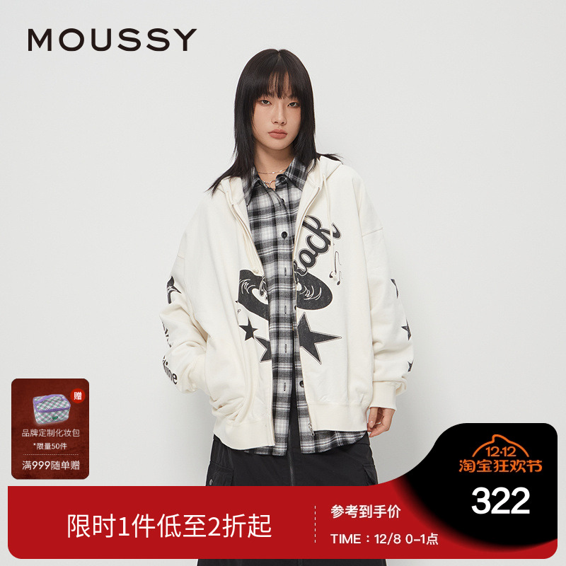 moussy 秋季新品美式复古摇滚音符印花卫衣外套028HAZ90-2231