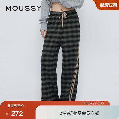 moussy 春季学院风侧缝双条纹格纹休闲裤女028HA930-1901