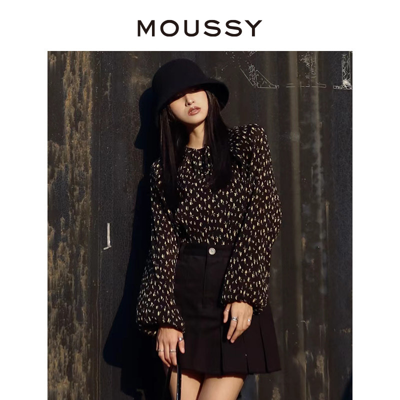 moussy奥莱  春夏气质甜美碎花系带长袖衬衫女010FAK3