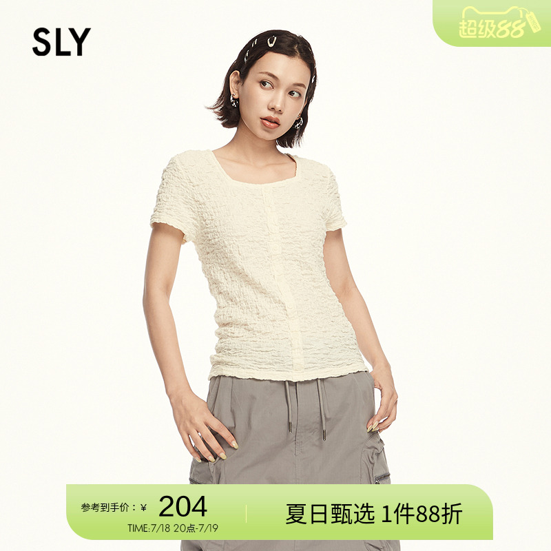 SLY优雅通勤肌理感方领短袖衬衫