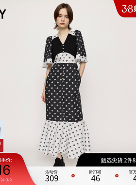 SLY 秋季复古少女花卉图案喇叭袖连衣裙女030GSZ33-4210