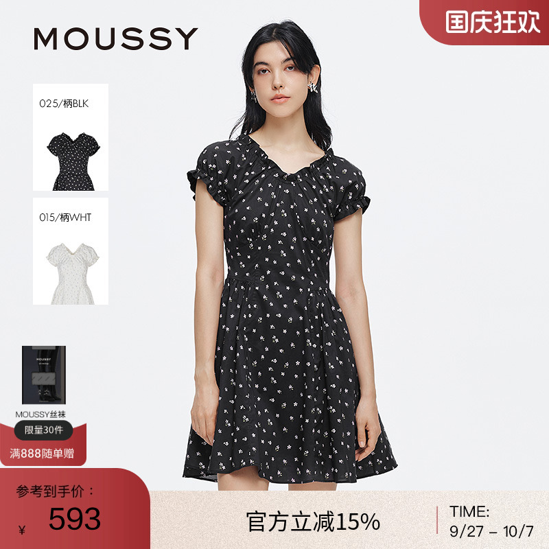 moussy 2025夏季甜美风花边V领泡泡袖碎花连衣裙028ISA33-3951