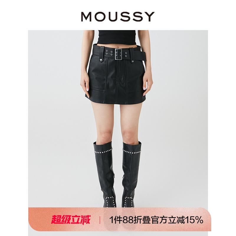 MOUSSY摇滚风附腰带短裙皮裙