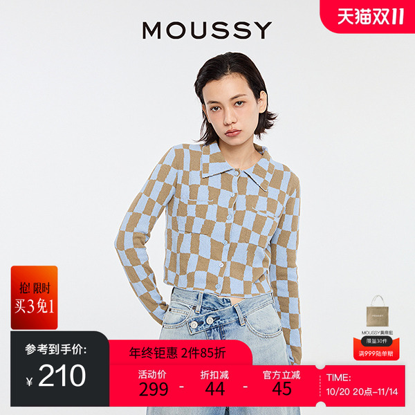 MOUSSY复古日系棋盘格针织开衫
