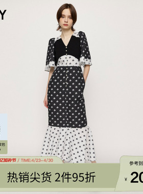 SLY 春季复古少女花卉图案喇叭袖连衣裙女030GSZ33-4210
