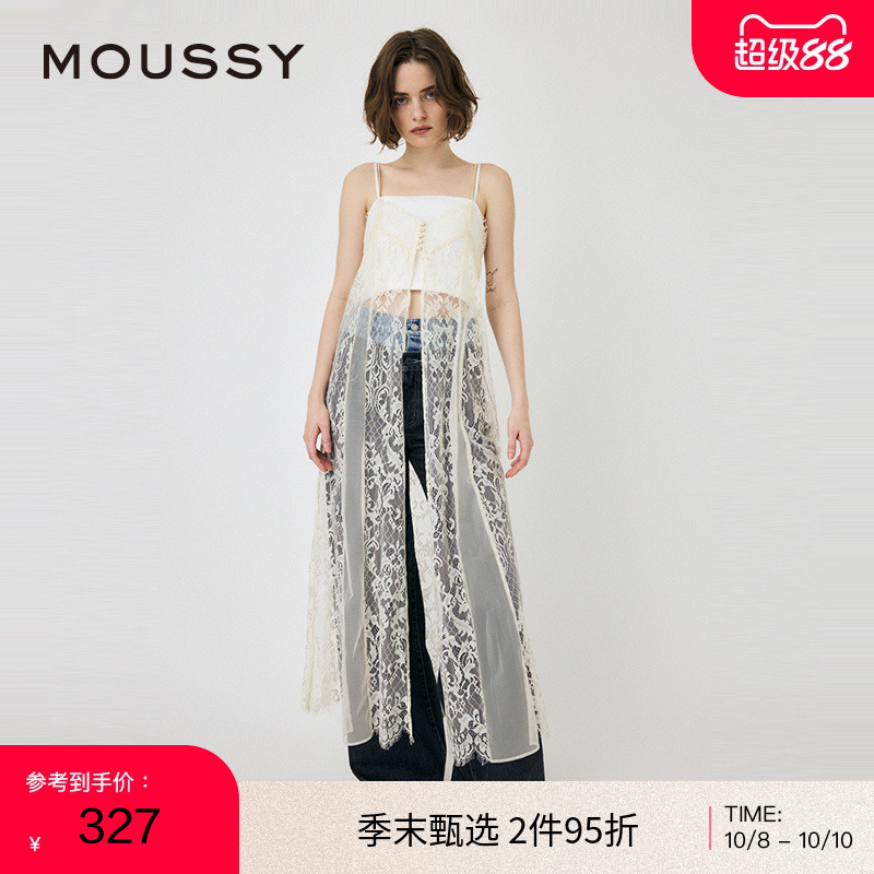 moussy 2024秋季新品纯欲叠穿透视蕾丝吊带连衣裙女010HA633-7381