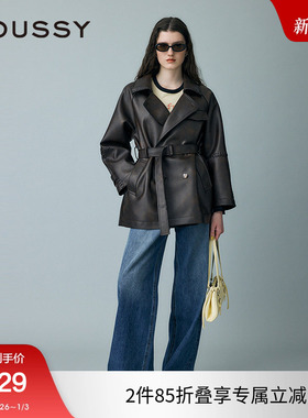 MOUSSY 2025春季新品复古港风翻领中长款皮质外套女010ISH30-0571