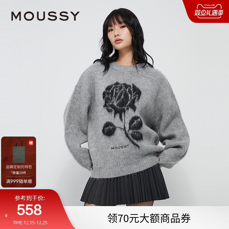 moussy 2024冬季新品复古提花玫瑰图圆领针织衫毛衣028HAZ70-1341