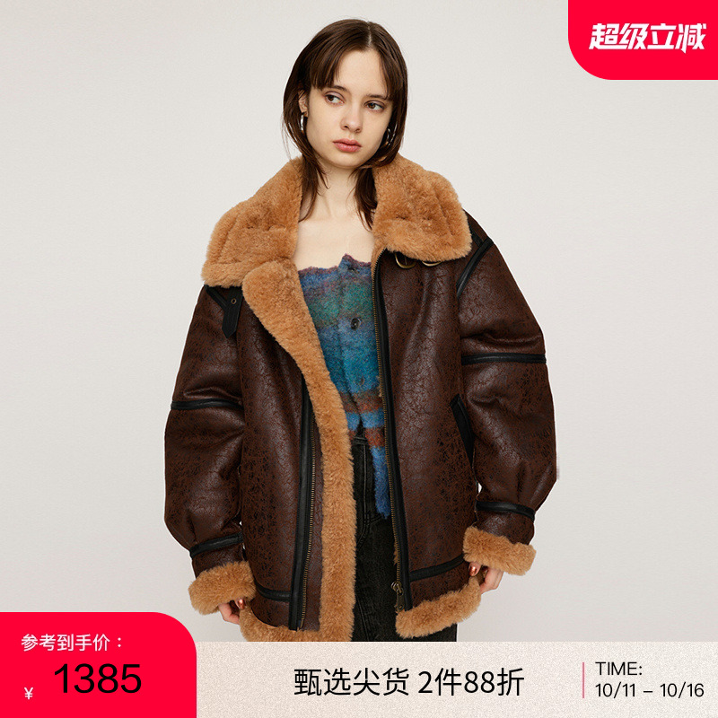 moussy 24冬季新品机车风大翻领皮毛一体夹克外套030HAY30-1411