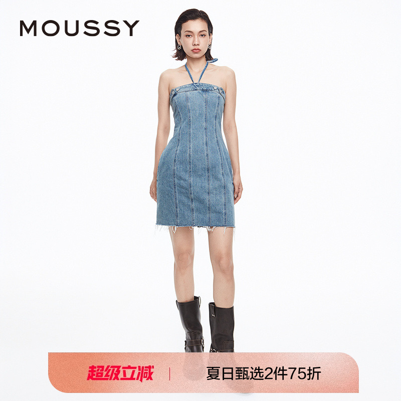 moussy辣妹风挂脖裹胸牛仔连衣裙