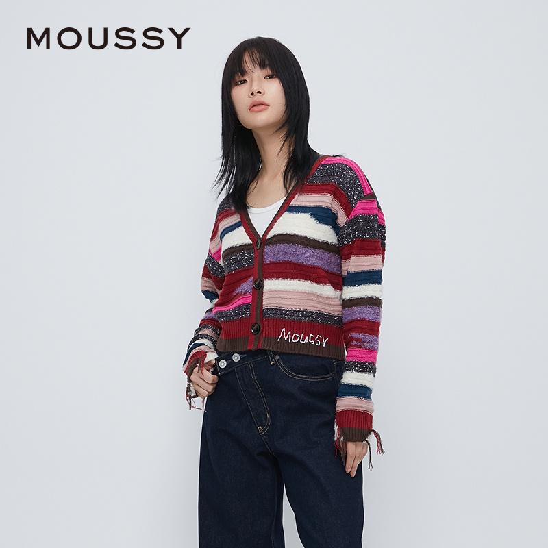 moussy 冬季新品复古民族风条纹V领针织开衫女028HAA70-2311