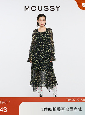 MOUSSY 夏季南法度假风茶歇长袖连衣裙女028HSZ30-0521