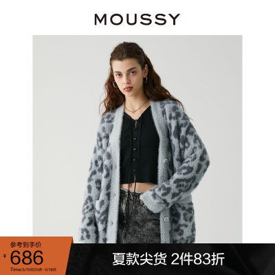 moussy复古软糯豹纹V领针织开衫