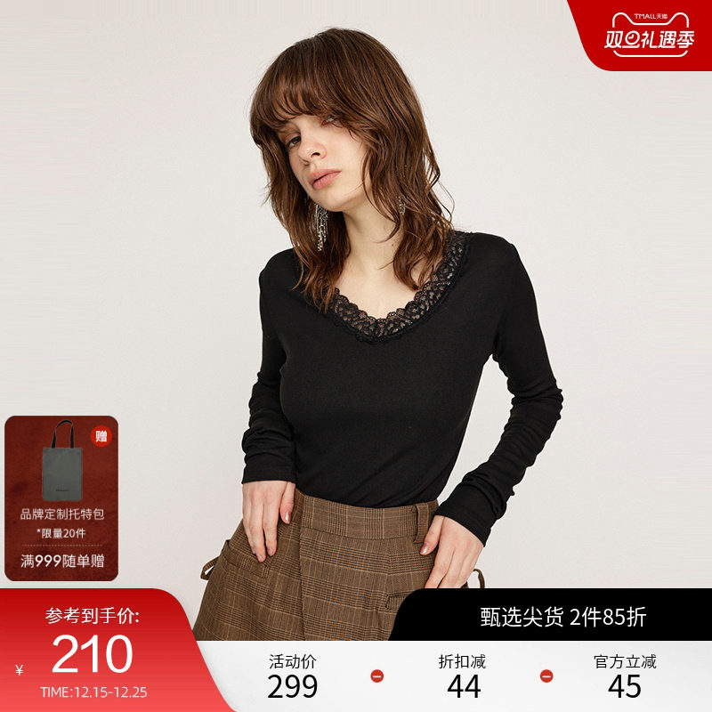 SLY 冬季新品优雅气质V领蕾丝修身针织衫小上衣030HAZ80-5781