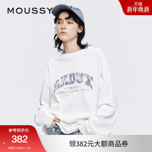 T恤女028IAZ90 moussy 学院风做旧印花长袖 美式 1010 2025早秋新品