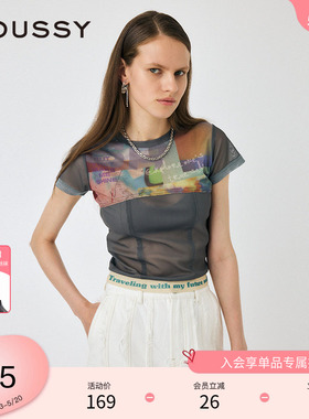 moussy 夏季薄纱透视撞边印花鱼骨短袖T恤010HAL90-0131