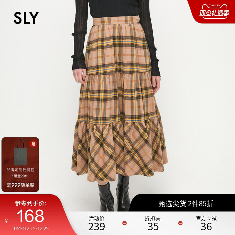 SLY 冬季新品英伦学院风复古格纹长款半身裙女C38GAL31-