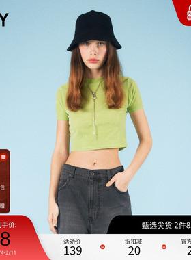 SLY 202春夏甜辣截短丝绒修身复古短袖T恤上衣030GSY80-3000