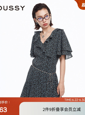 MOUSSY 春季甜美学院风V领荷叶边茶歇裙碎花连衣裙028HSZ30-1811