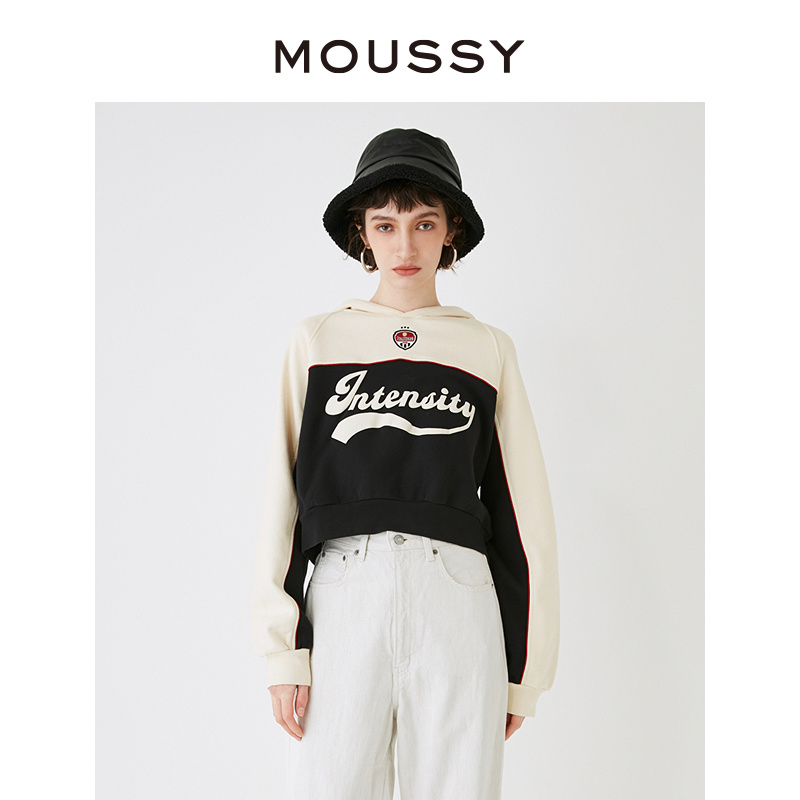 moussy 2024早春新品美式复古学院风撞色连帽卫衣女028HS890-0211