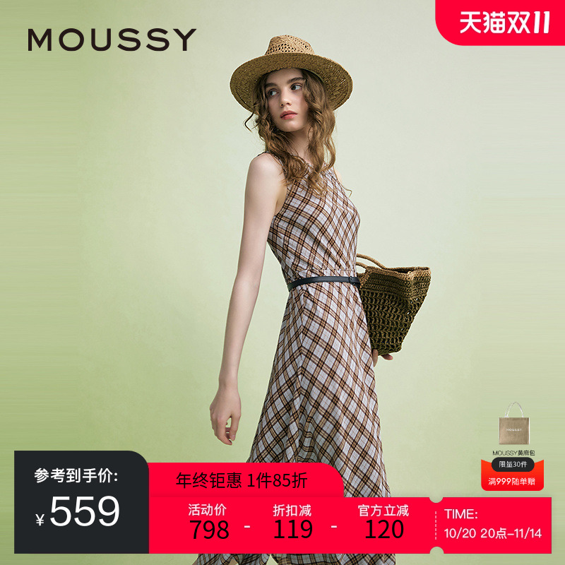 MOUSSY 2025夏季新品复古港风菱格纹无袖连衣裙女028ISA33-3961