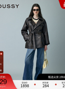 MOUSSY 春季新品复古港风翻领中长款皮质外套女ISH-