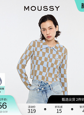 MOUSSY 复古日系棋盘格纹翻领针织开衫028HS970-0000