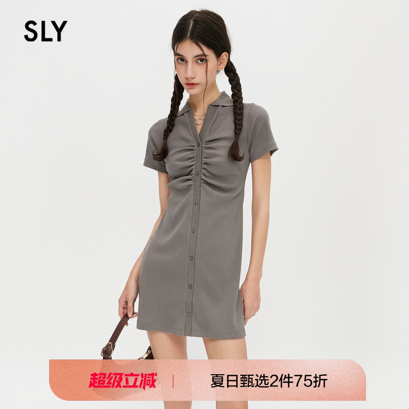 sly翻领修身螺纹抽褶基础连衣裙