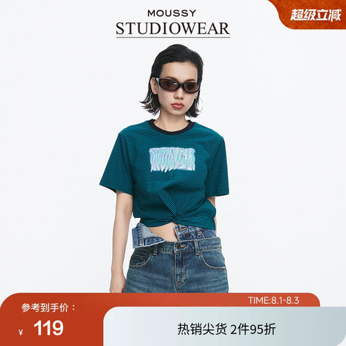 moussy x STUDIOWEAR 夏季褶皱条纹短袖T恤028HS490-1211