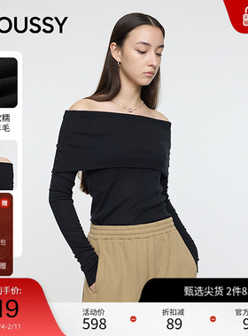 moussy 2025秋季新品优雅知性风一字肩修身针织衫女010IA180-8261