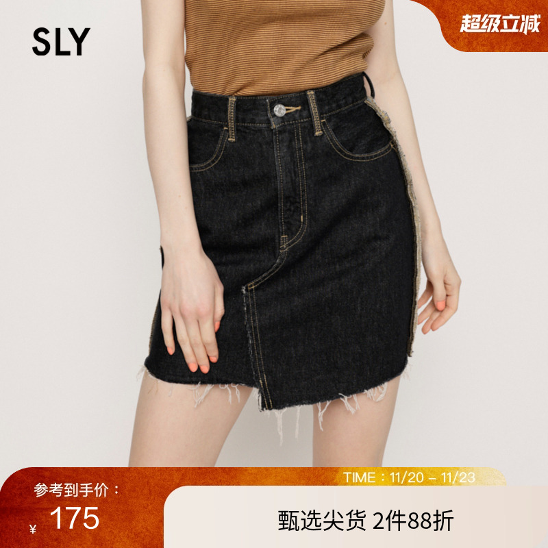 sly缝线外露不规则毛边牛仔短裙
