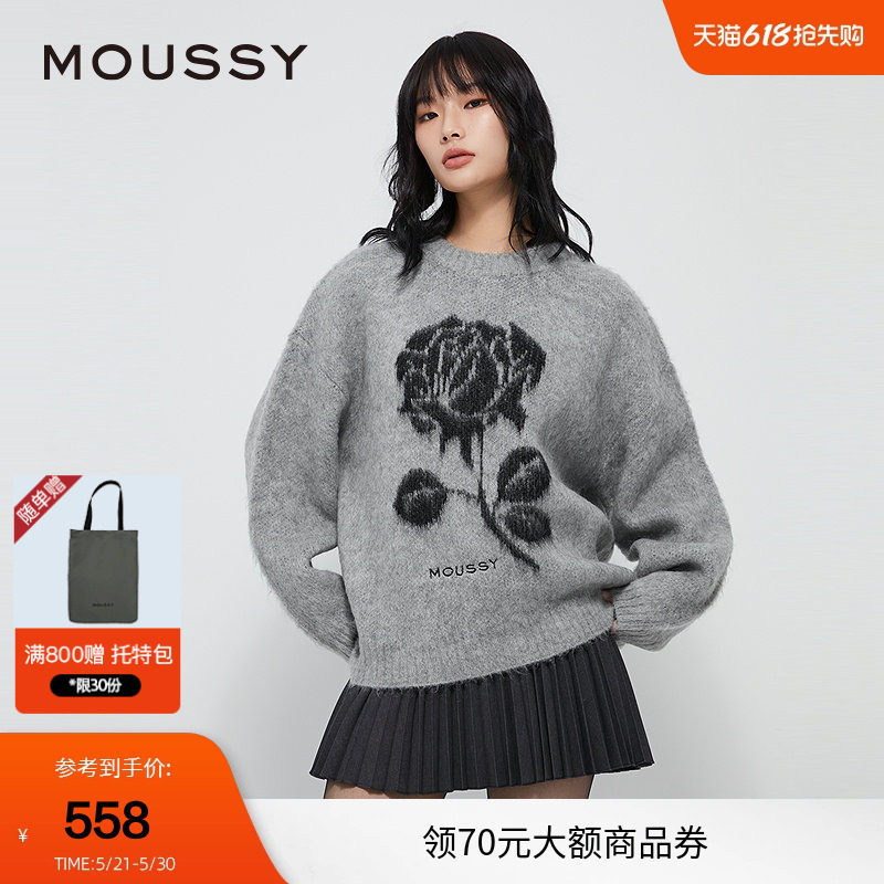 moussy 春季复古提花玫瑰图圆领针织衫毛衣028HAZ70-