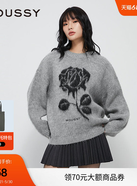 moussy 春季复古提花玫瑰图圆领针织衫毛衣028HAZ70-1341