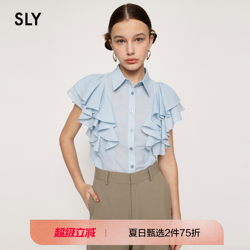SLY 2023春夏新品法式优雅褶边荷叶袖甜美短袖衬衫030GS