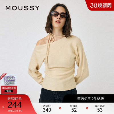 moussy 冬季法式优雅斜肩蝴蝶结丝带针织衫010HAH70-4281