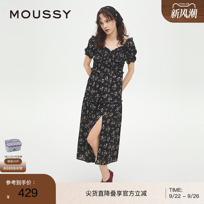 moussy 2025春季新品法式少女方领泡泡袖碎花连衣裙028ISA33-3301