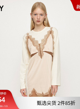 SLY 冬季新品拼接蕾丝镂空垂感T恤连衣裙女038GAZ83-4080