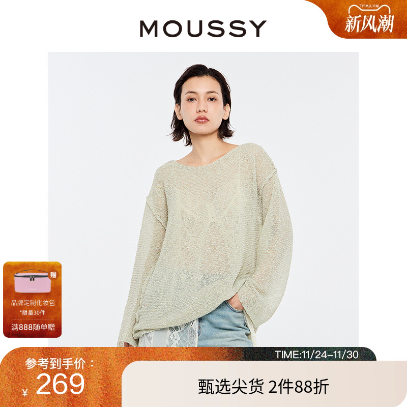 MOUSSY田园风简约套头微透针织衫